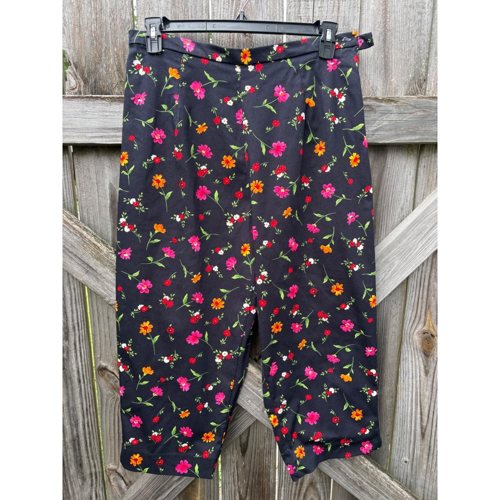 Garden Floral Capri Pants Women 16 Black High Rise Side Zip Crop Tapered Picnic